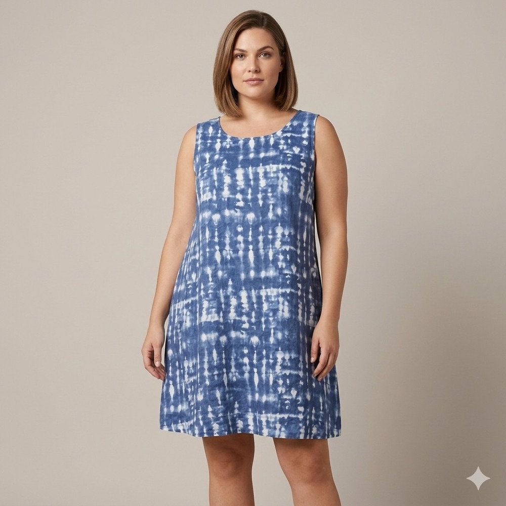 Tahari L 100% Linen Blue White Tie Dye Sleeveless Shift Dress Pockets Scandigirl